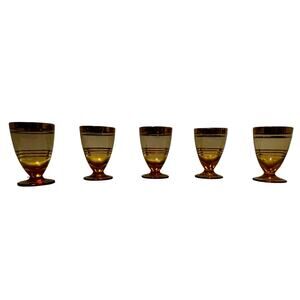 Vintage Amber Bohemian Shot Glasses With Gold Stripes Lot of 5 Glasses